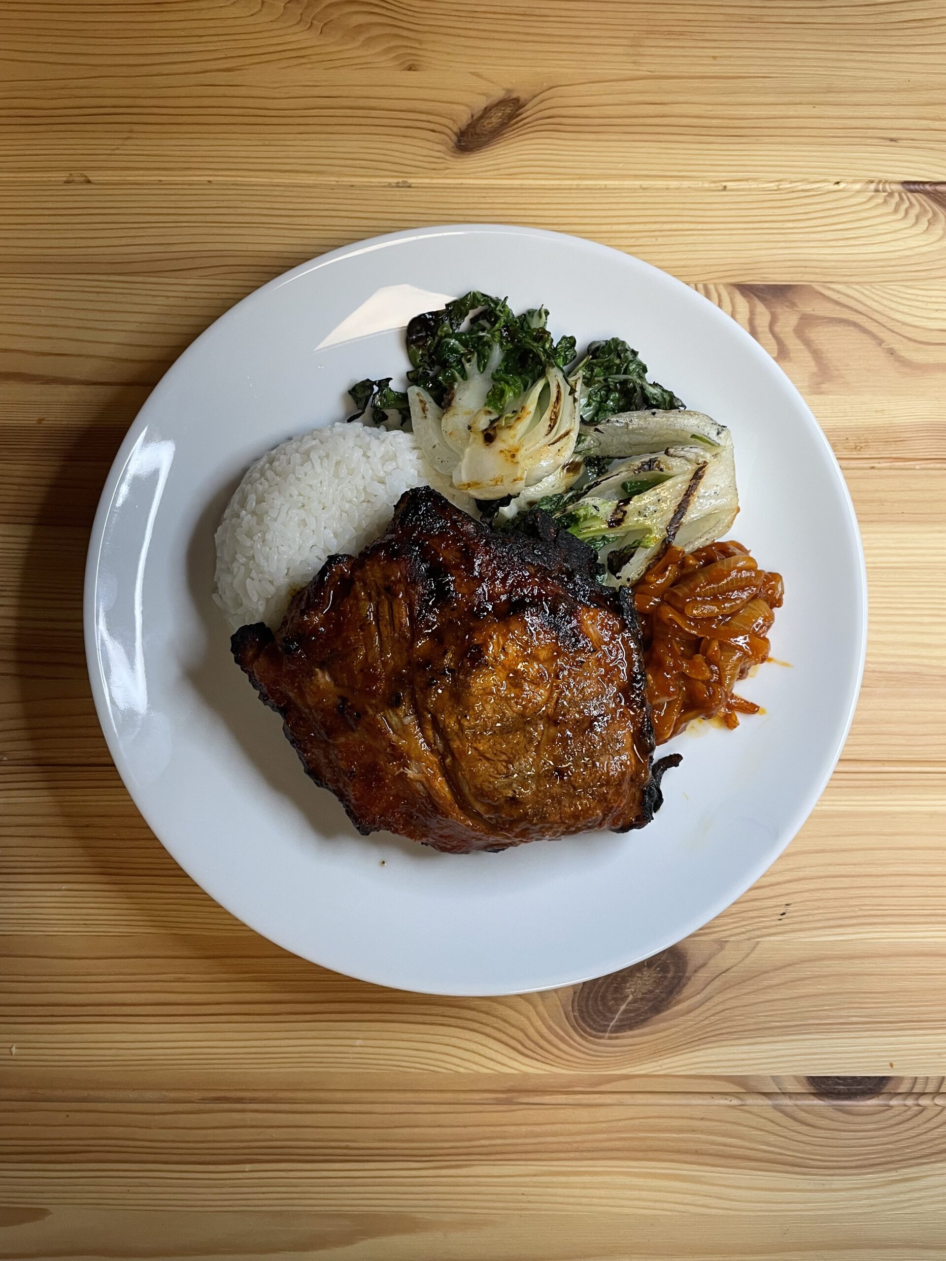 Gochujang BBQ Pork Chops with Grilled Bok Choy and Rice